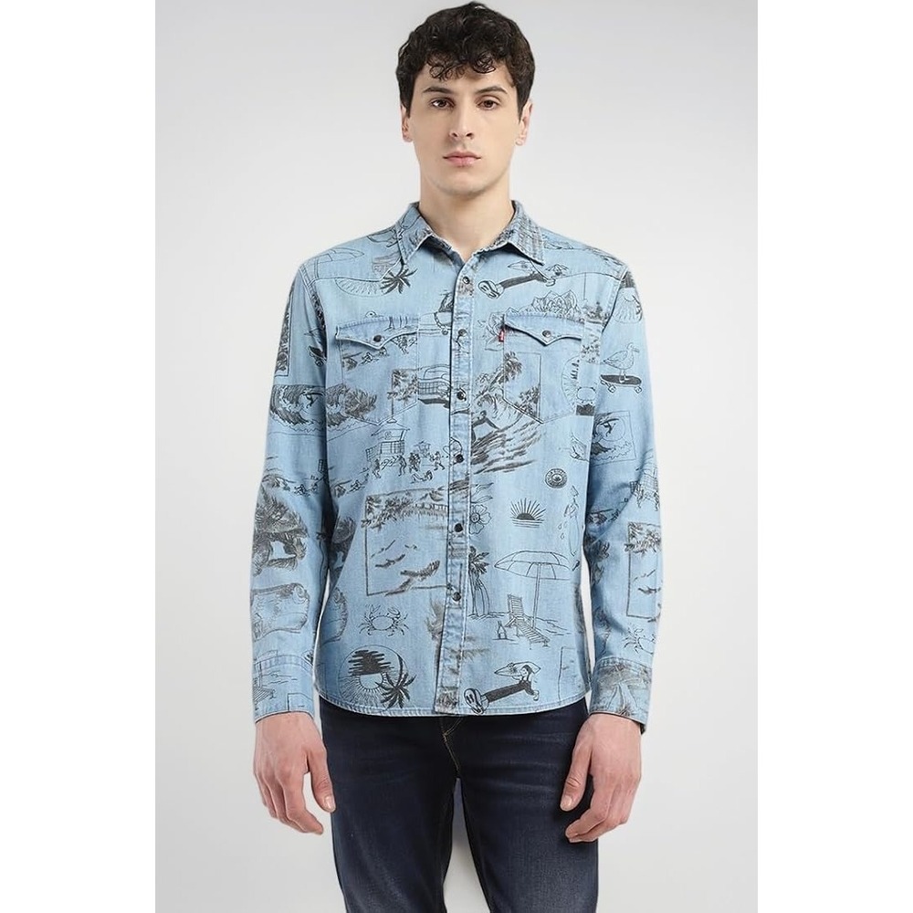 Levis Mens The Western Standard Fit‎ Denim Shirt Blue Beach Surf Print XL NWT